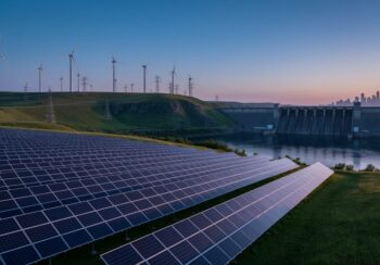 Wind turbines, solar panels, and a hydroelectric dam in a Canadian landscape at dusk, symbolizing a shift to a renewable electricity future.