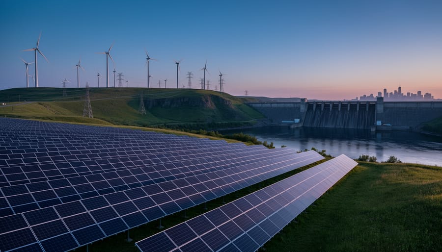 Wind turbines, solar panels, and a hydroelectric dam in a Canadian landscape at dusk, symbolizing a shift to a renewable electricity future.
