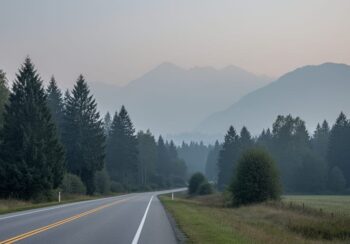 View across the Fraser Valley near Chilliwack showing wildfire smoke haze that softens distant hills and reduces visibility at dusk.