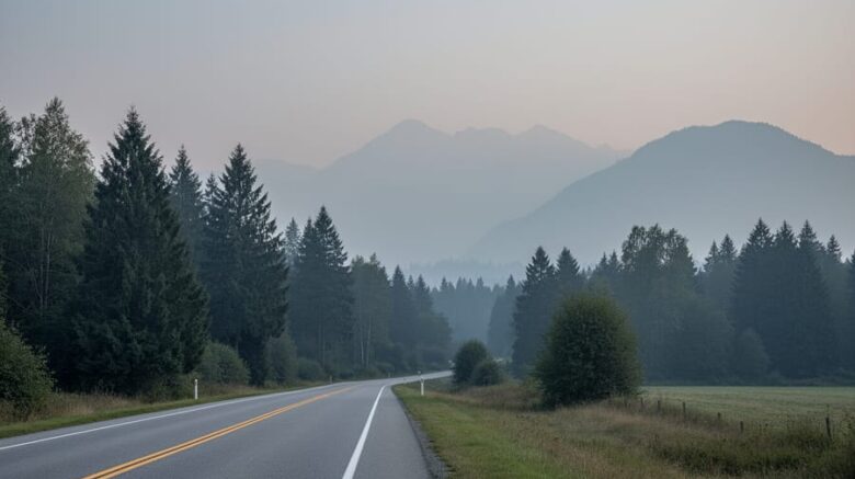 View across the Fraser Valley near Chilliwack showing wildfire smoke haze that softens distant hills and reduces visibility at dusk.
