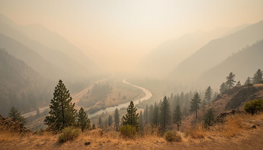 Hazy view over a Chilliwack valley street with distant trees fading in smoky air