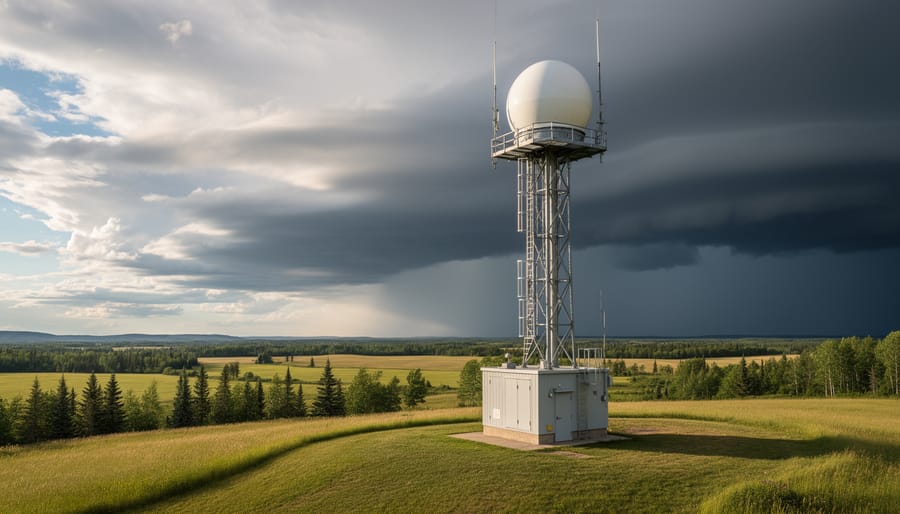 Weather radar tower in a rural Canadian landscape at dusk