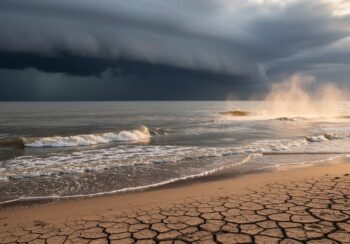 Storm clouds over a turbulent ocean with visible heat haze and cracked ground in the foreground, symbolizing extreme weather amplification.