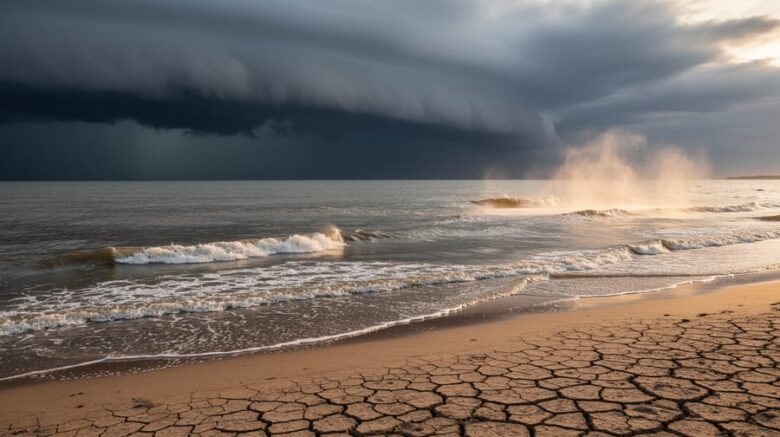 Storm clouds over a turbulent ocean with visible heat haze and cracked ground in the foreground, symbolizing extreme weather amplification.