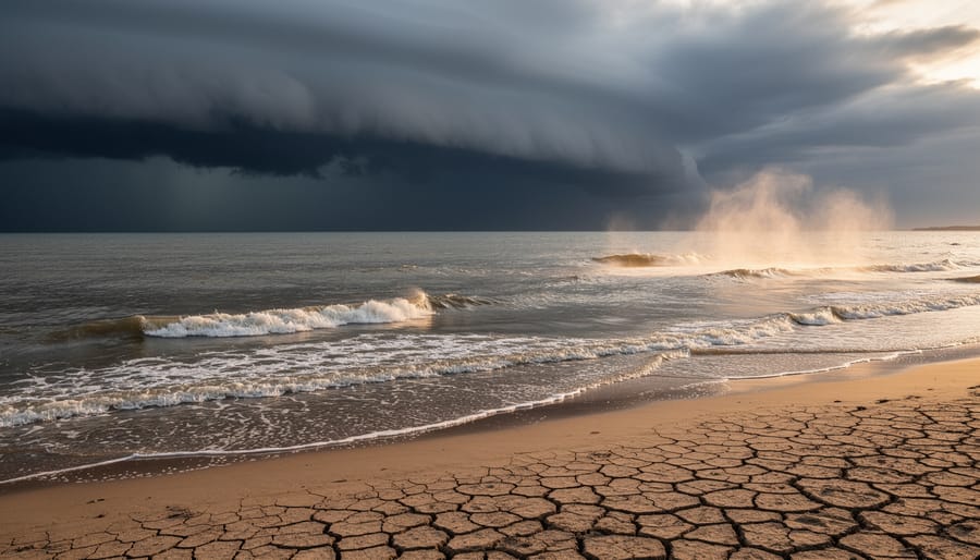 Storm clouds over a turbulent ocean with visible heat haze and cracked ground in the foreground, symbolizing extreme weather amplification.