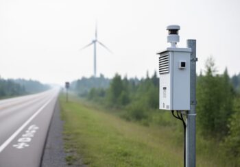 An air-quality monitoring station near a roadside with wind turbines in the distance under overcast daylight, suggesting local air quality tracking.