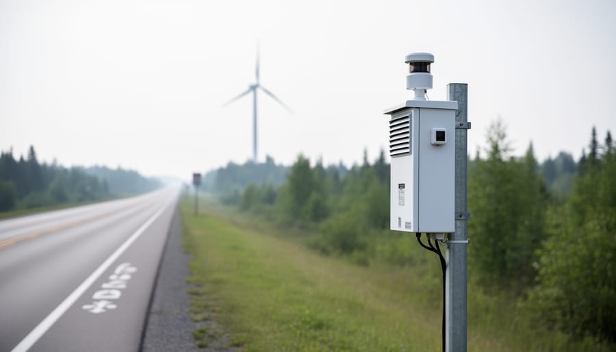 An air-quality monitoring station near a roadside with wind turbines in the distance under overcast daylight, suggesting local air quality tracking.