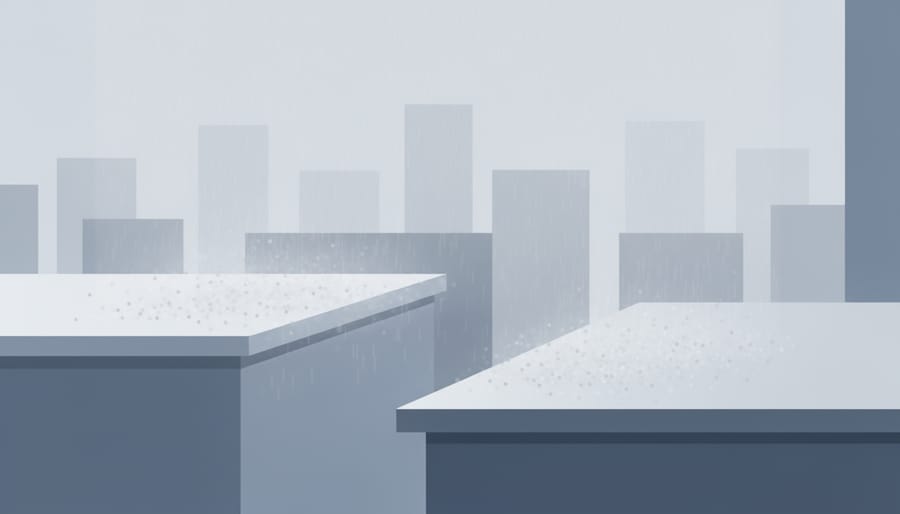 Close-up of fine specks and dust collecting on a window surface suggesting airborne particulate