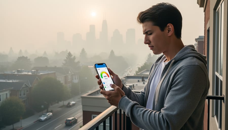 Family outdoors in hazy air suggesting the importance of checking air quality before going outside