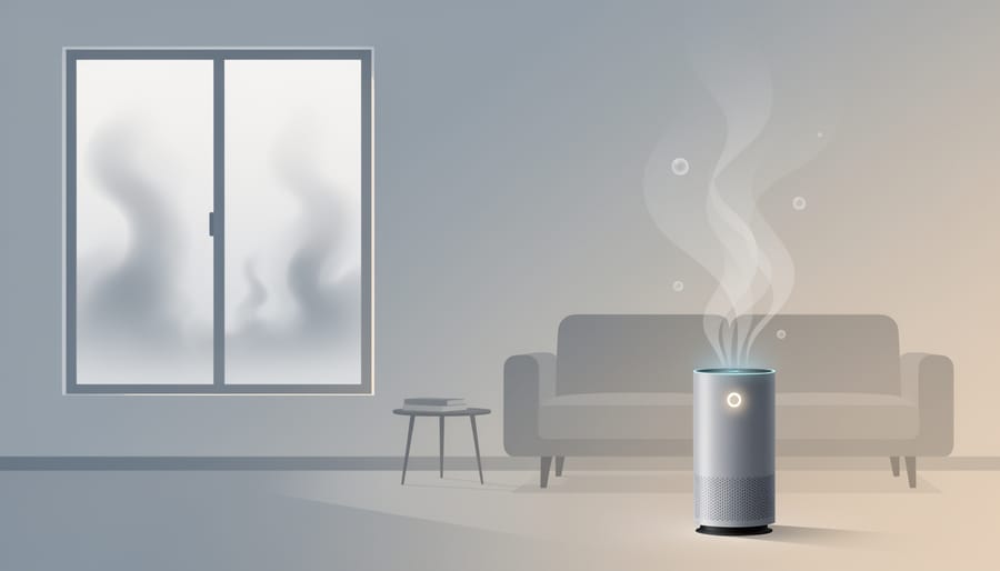 Family relaxing in a living room with a portable HEPA air purifier near a closed window