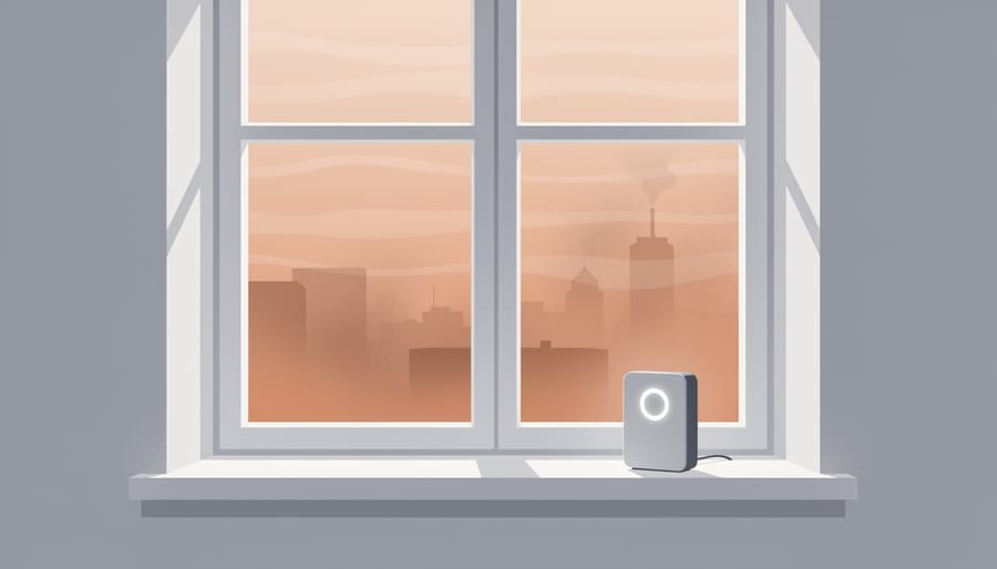 Air quality monitor on a kitchen windowsill next to a window with hazy light outside.