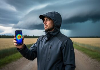 “Person holding a smartphone to check real-time storm radar while observing storm clouds near Chipman from outdoors.”