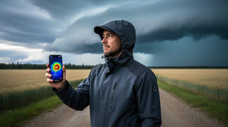 “Person holding a smartphone to check real-time storm radar while observing storm clouds near Chipman from outdoors.”