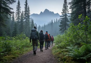 Hikers walking along a pine forest trail at Manning Park under soft daylight, with distant mountains and light haze in the background.