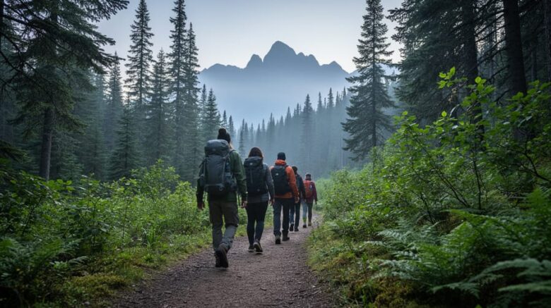 Hikers walking along a pine forest trail at Manning Park under soft daylight, with distant mountains and light haze in the background.