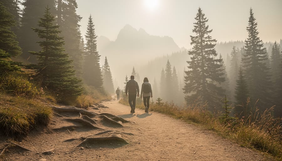 Hikers on a trail in Manning Park on a hazy day with smoke in the air