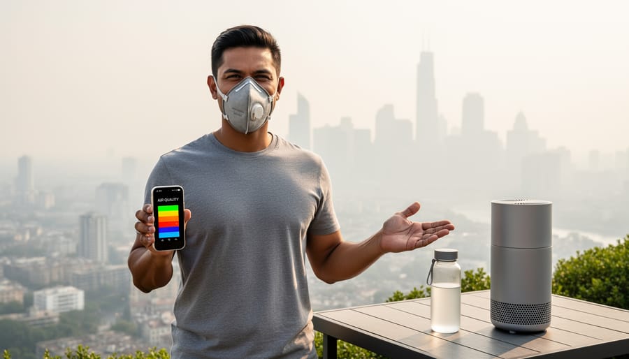 Resident wearing a mask outdoors in Chilliwack during smoky or hazy air conditions