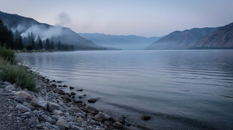 Hazy mountain and lake valley scene in Osoyoos suggesting lingering air pollution and wind-driven dispersion.