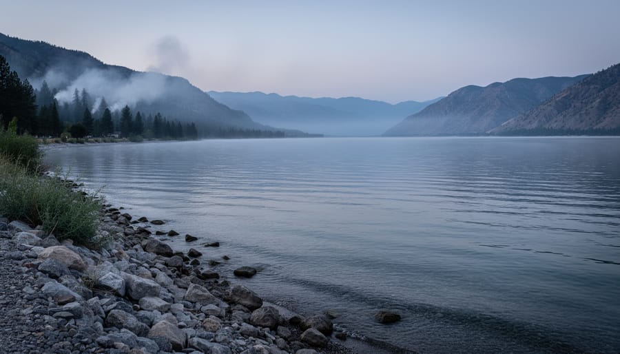 Hazy mountain and lake valley scene in Osoyoos suggesting lingering air pollution and wind-driven dispersion.