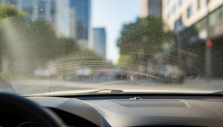Close-up of smoky haze and fine particles on a car windshield