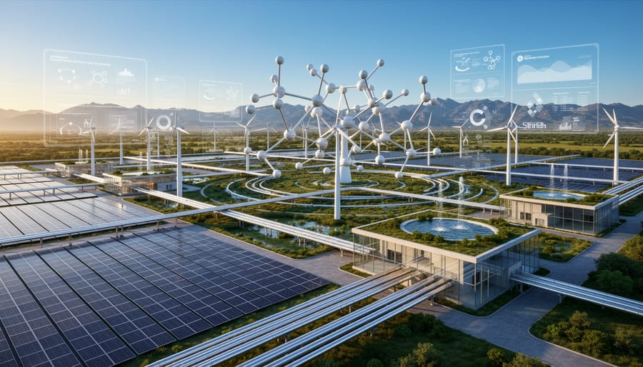 Wind turbine and nearby renewable energy equipment in a sunny outdoor landscape
