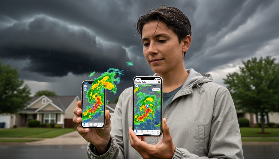Person holding a smartphone outdoors while checking weather during an approaching storm