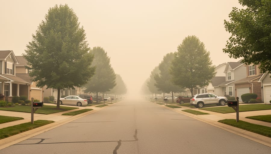 People walking on a residential street under smoky haze