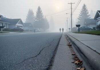 A quiet residential street in Sicamous obscured by smoky haze, with indistinct silhouettes of people in the distance.
