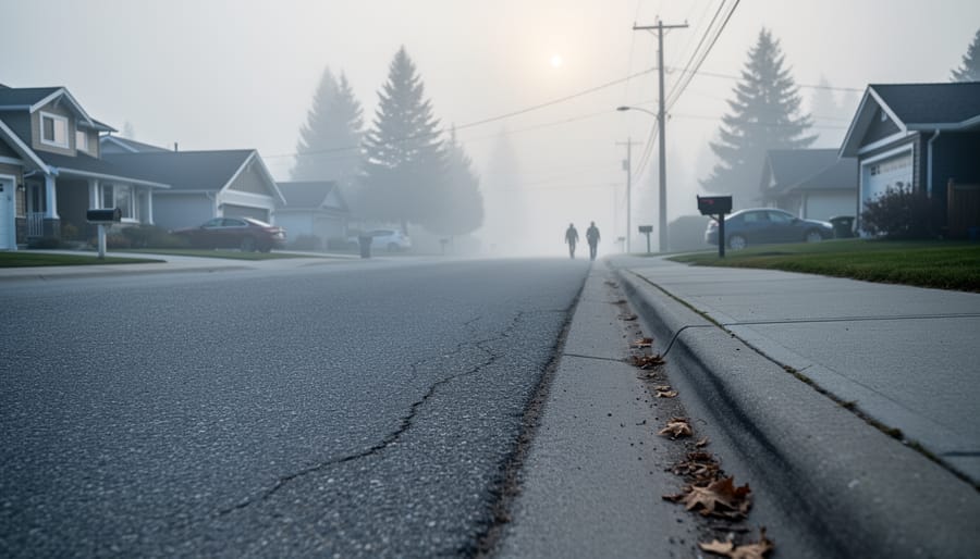 A quiet residential street in Sicamous obscured by smoky haze, with indistinct silhouettes of people in the distance.