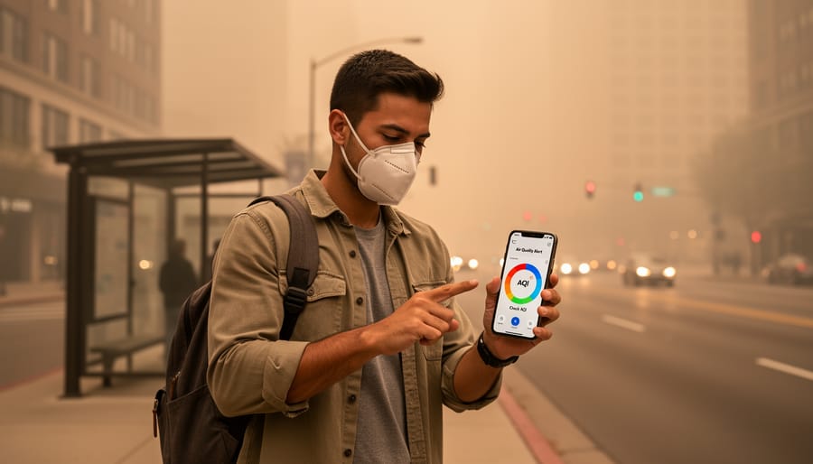 Person wearing a protective mask looking out at smoky air outside.