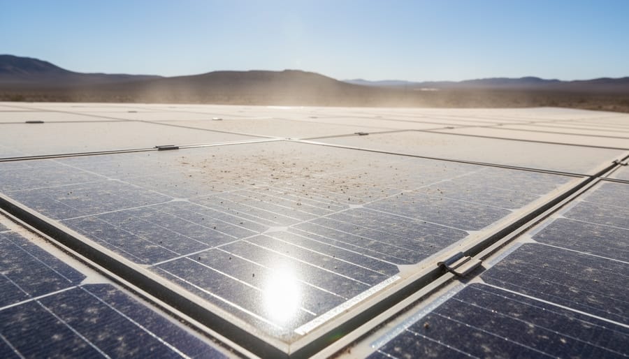 Close-up view of solar panels with visible dust and heat shimmer in the air