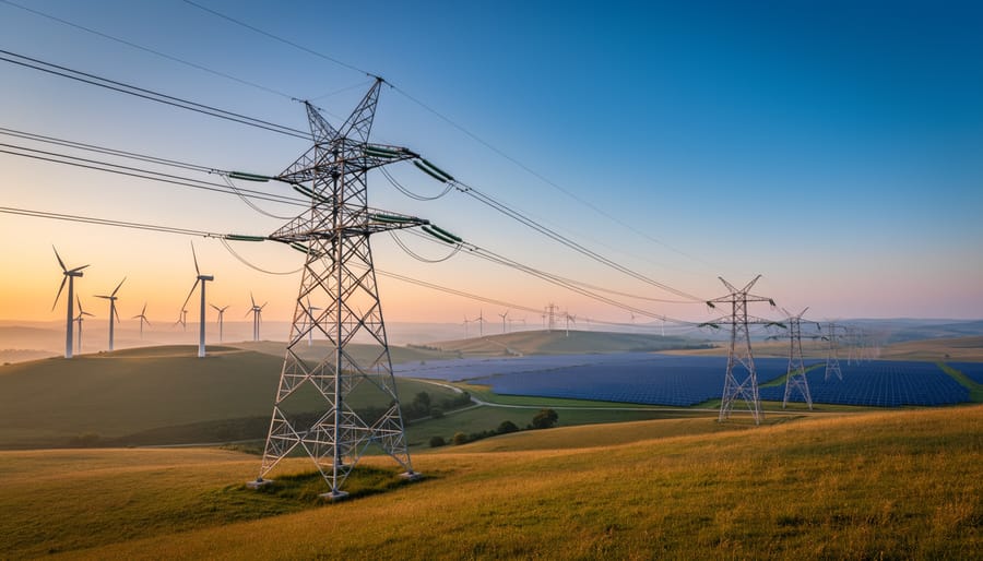 Electrical substation and high-voltage transmission lines at dusk with dramatic lighting