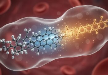 3D scientific visualization of a tesamorelin GHRH 1-44 peptide with a hexenoyl modification, shown alongside subtle albumin-binding protection in a bloodstream-like background.