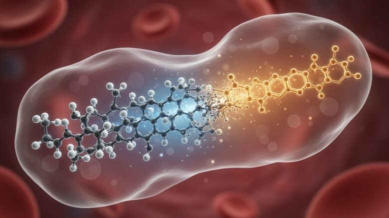 3D scientific visualization of a tesamorelin GHRH 1-44 peptide with a hexenoyl modification, shown alongside subtle albumin-binding protection in a bloodstream-like background.