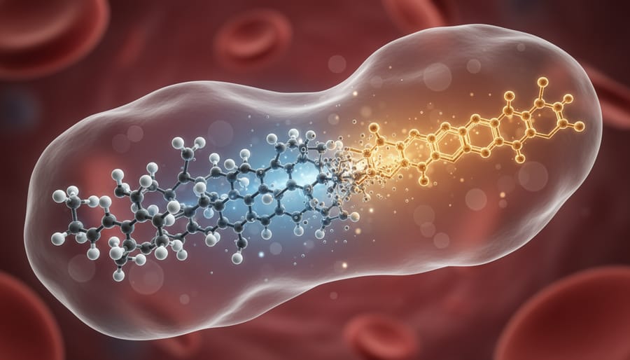 3D scientific visualization of a tesamorelin GHRH 1-44 peptide with a hexenoyl modification, shown alongside subtle albumin-binding protection in a bloodstream-like background.
