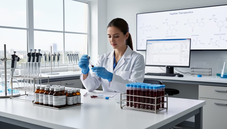 Laboratory vial and pipette on a stainless steel bench in a clinical research setting