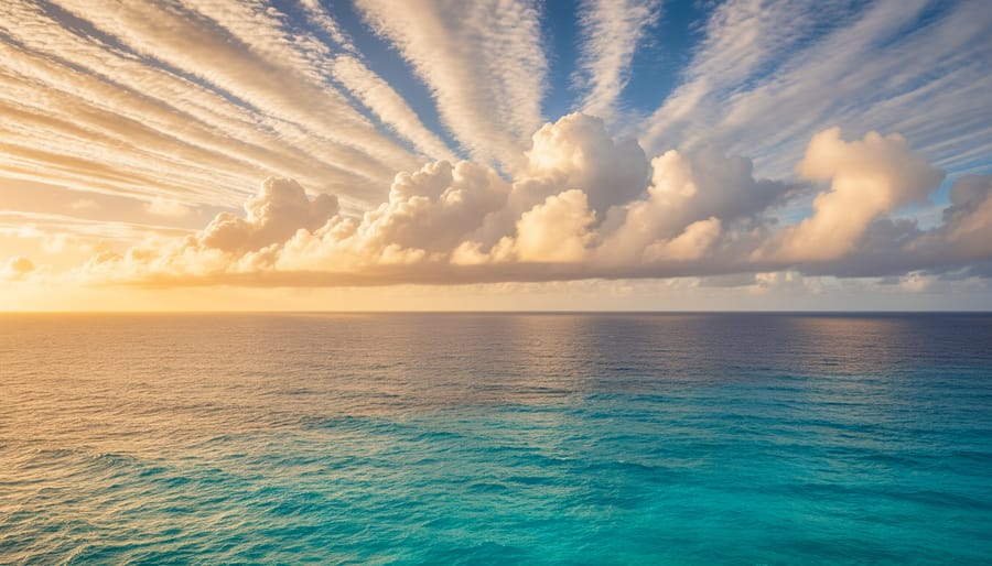 Wide view of a tropical ocean horizon with warm water tones and swirling clouds above the horizon