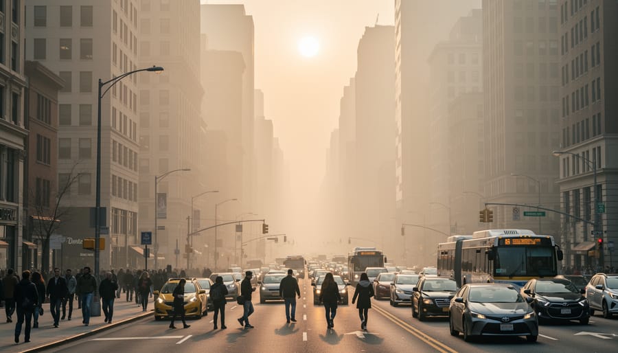 Person walking along a city street under a hazy sky at dusk