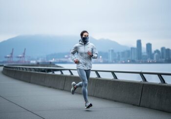 Runner jogging along Vancouver’s seawall with coastal haze and a cool gray skyline suggesting changing air quality conditions.