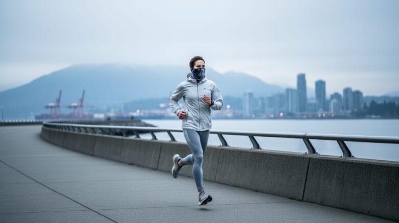 Runner jogging along Vancouver’s seawall with coastal haze and a cool gray skyline suggesting changing air quality conditions.