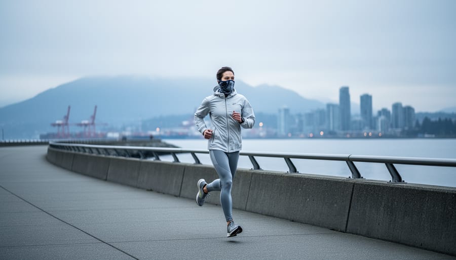 Runner jogging along Vancouver’s seawall with coastal haze and a cool gray skyline suggesting changing air quality conditions.