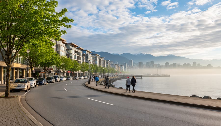People walking along Vancouver’s seawall under a hazy coastal sky