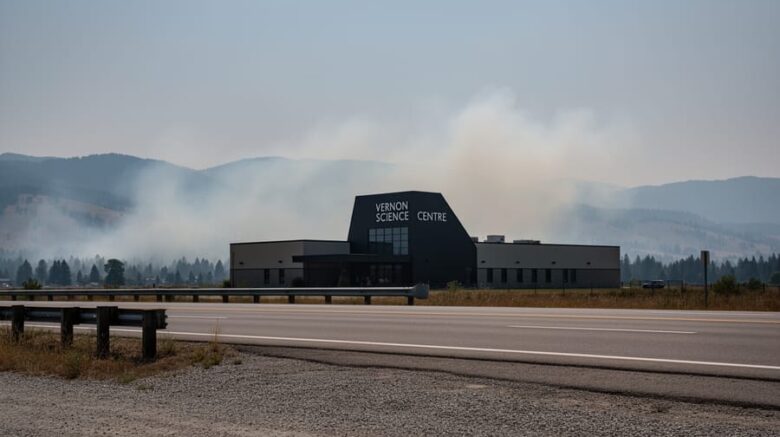 Vernon Science Centre in the BC Interior with light wildfire smoke drifting across the Okanagan Valley under overcast light, suggesting changing air quality conditions influenced by wind.