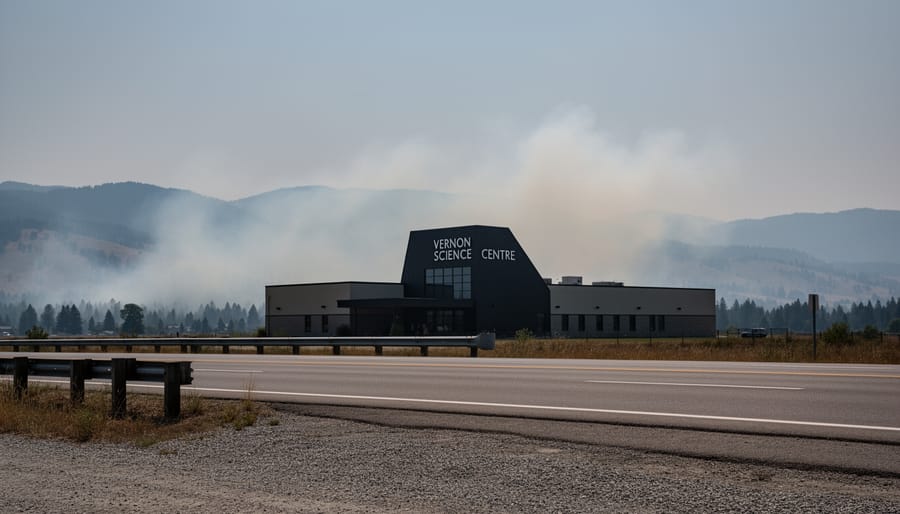 Vernon Science Centre in the BC Interior with light wildfire smoke drifting across the Okanagan Valley under overcast light, suggesting changing air quality conditions influenced by wind.