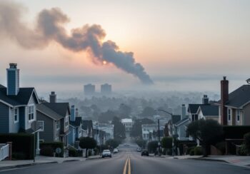Hazy town skyline with drifting wildfire smoke in the sky, suggesting how wind and weather affect air quality.