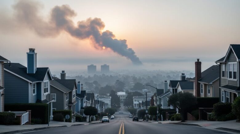 Hazy town skyline with drifting wildfire smoke in the sky, suggesting how wind and weather affect air quality.