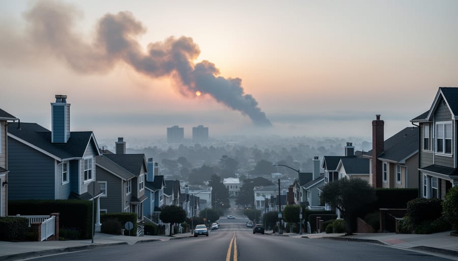Hazy town skyline with drifting wildfire smoke in the sky, suggesting how wind and weather affect air quality.