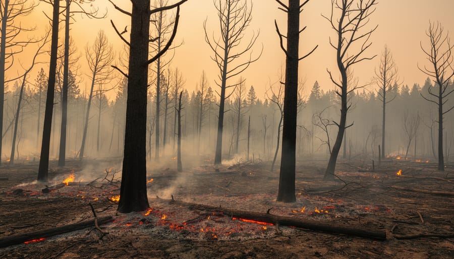 Wildfire scene at the forest edge with flames and thick smoke drifting through the air