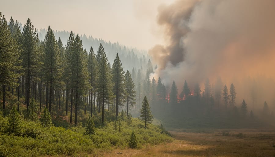 Wildfire smoke drifting through a forest with sun rays in the haze