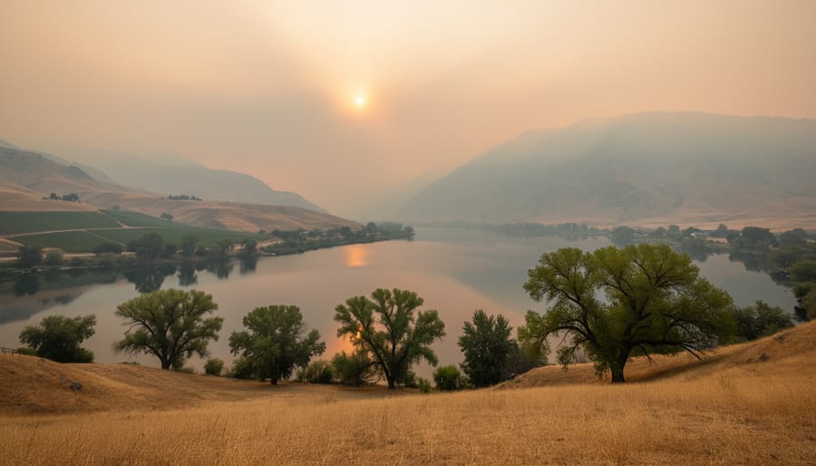 Wildfire smoke haze drifting over a dry field toward a distant tree line.